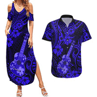 Hawaii Ukulele Couples Matching Summer Maxi Dress and Hawaiian Shirt Polynesian Pattern Navy Blue Version - Wonder Print Shop