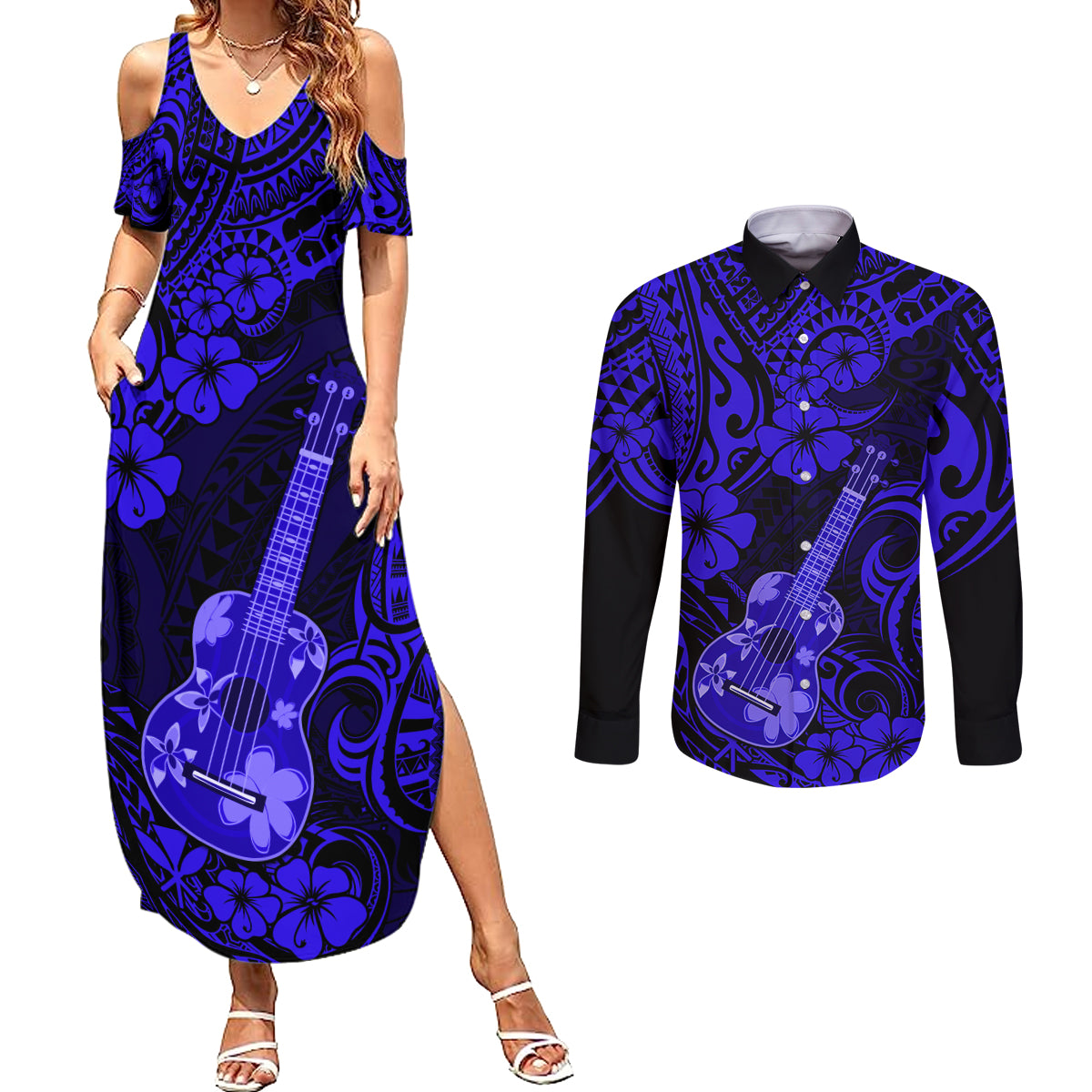 Hawaii Ukulele Couples Matching Summer Maxi Dress and Long Sleeve Button Shirts Polynesian Pattern Navy Blue Version - Wonder Print Shop
