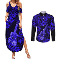 Hawaii Ukulele Couples Matching Summer Maxi Dress and Long Sleeve Button Shirts Polynesian Pattern Navy Blue Version - Wonder Print Shop