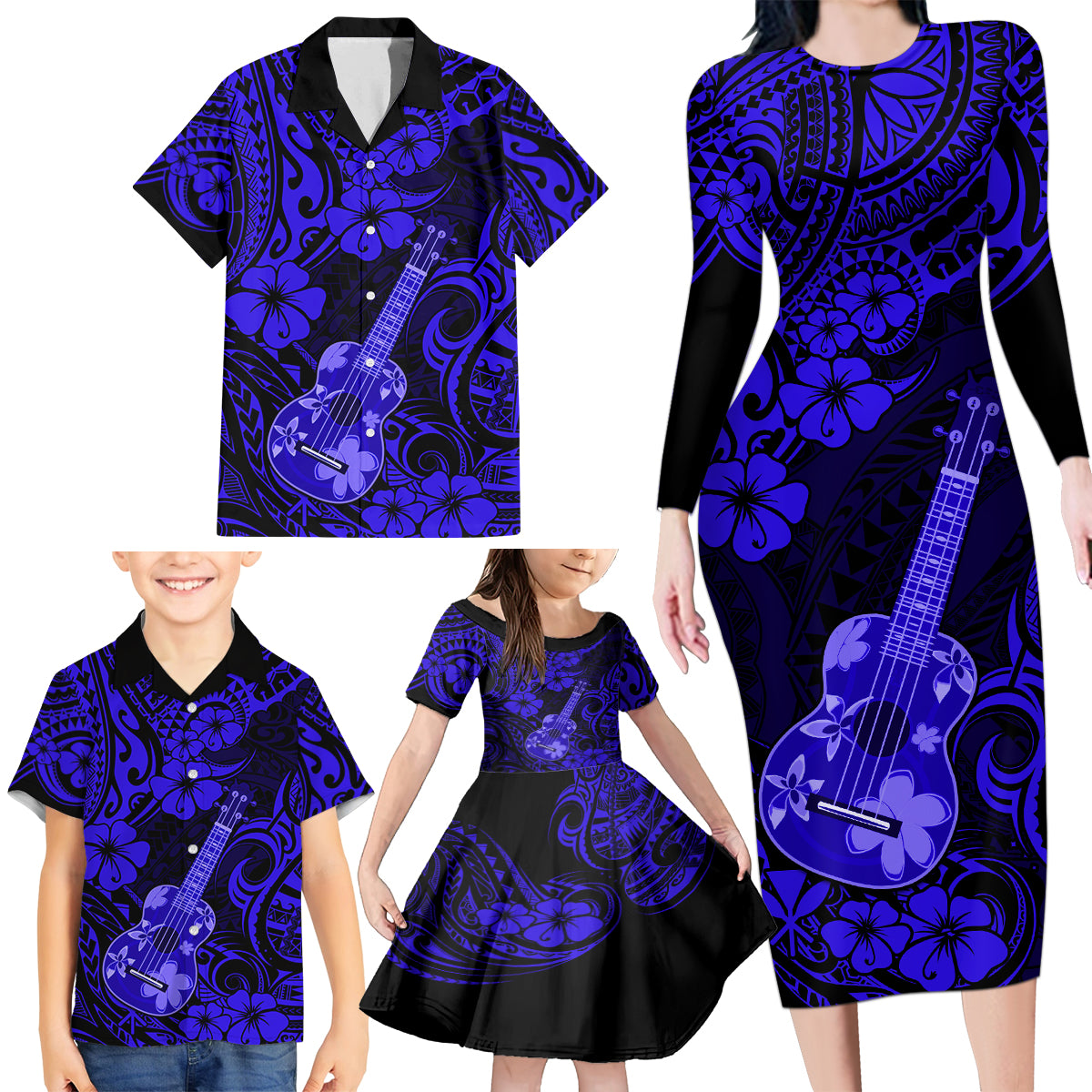 Hawaii Ukulele Family Matching Long Sleeve Bodycon Dress and Hawaiian Shirt Polynesian Pattern Navy Blue Version - Wonder Print Shop