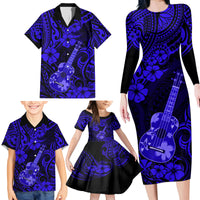 Hawaii Ukulele Family Matching Long Sleeve Bodycon Dress and Hawaiian Shirt Polynesian Pattern Navy Blue Version - Wonder Print Shop