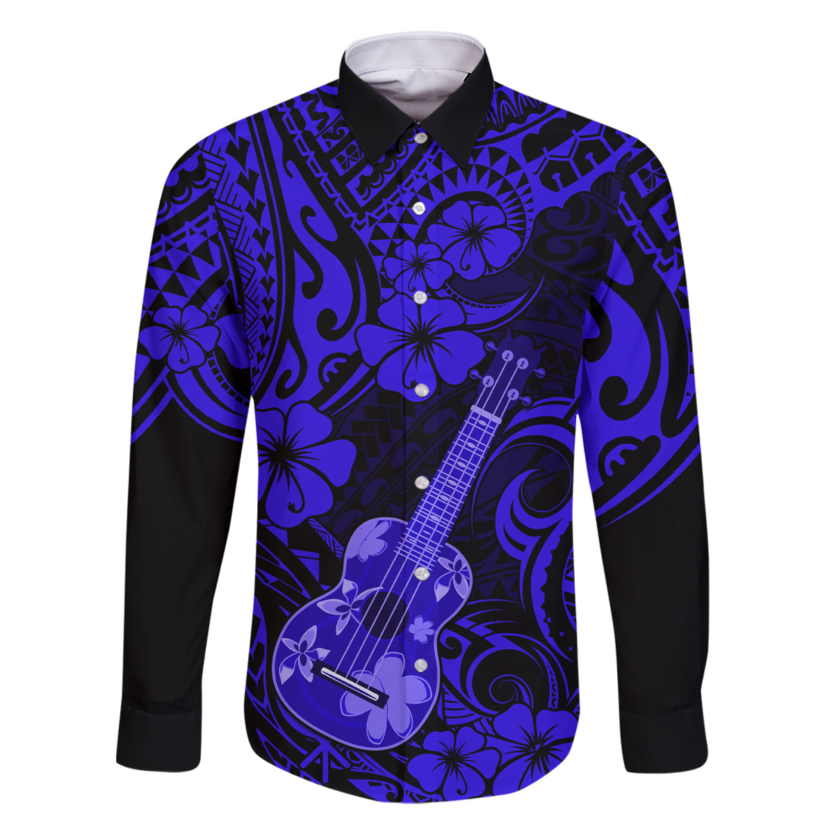 Hawaii Ukulele Family Matching Long Sleeve Bodycon Dress and Hawaiian Shirt Polynesian Pattern Navy Blue Version - Wonder Print Shop