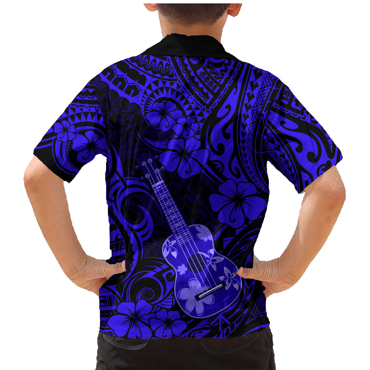Hawaii Ukulele Family Matching Mermaid Dress and Hawaiian Shirt Polynesian Pattern Navy Blue Version - Wonder Print Shop