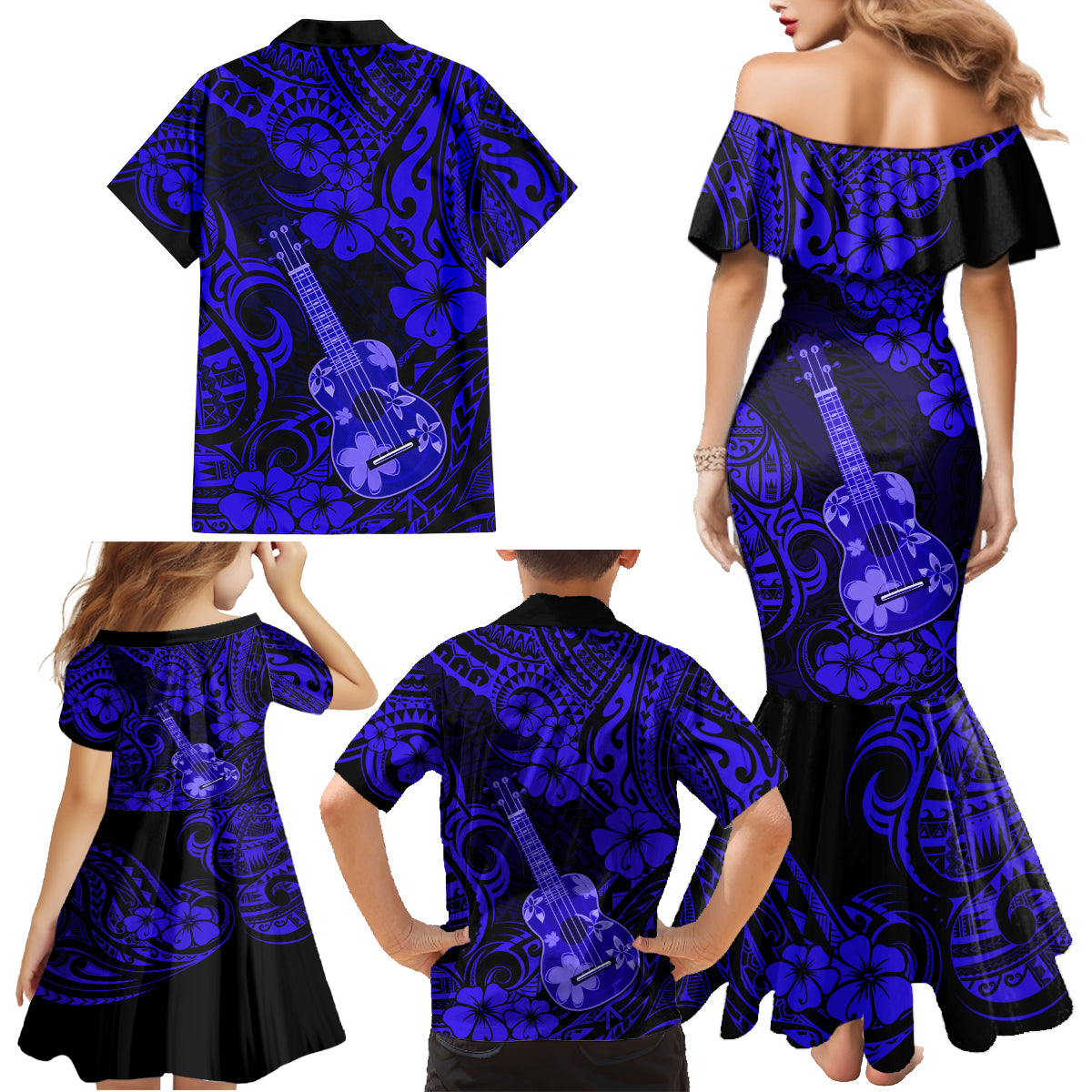 Hawaii Ukulele Family Matching Mermaid Dress and Hawaiian Shirt Polynesian Pattern Navy Blue Version - Wonder Print Shop