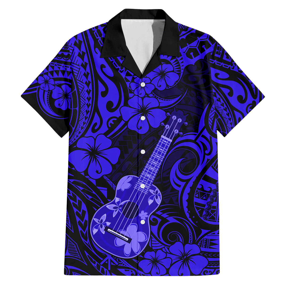 Hawaii Ukulele Family Matching Mermaid Dress and Hawaiian Shirt Polynesian Pattern Navy Blue Version - Wonder Print Shop