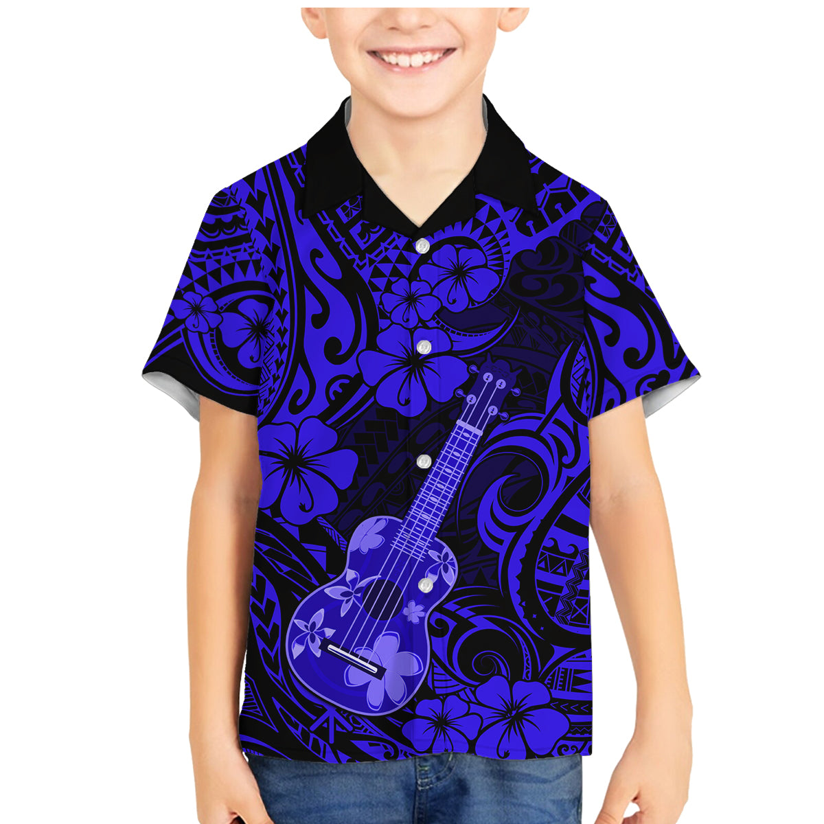 Hawaii Ukulele Family Matching Mermaid Dress and Hawaiian Shirt Polynesian Pattern Navy Blue Version - Wonder Print Shop