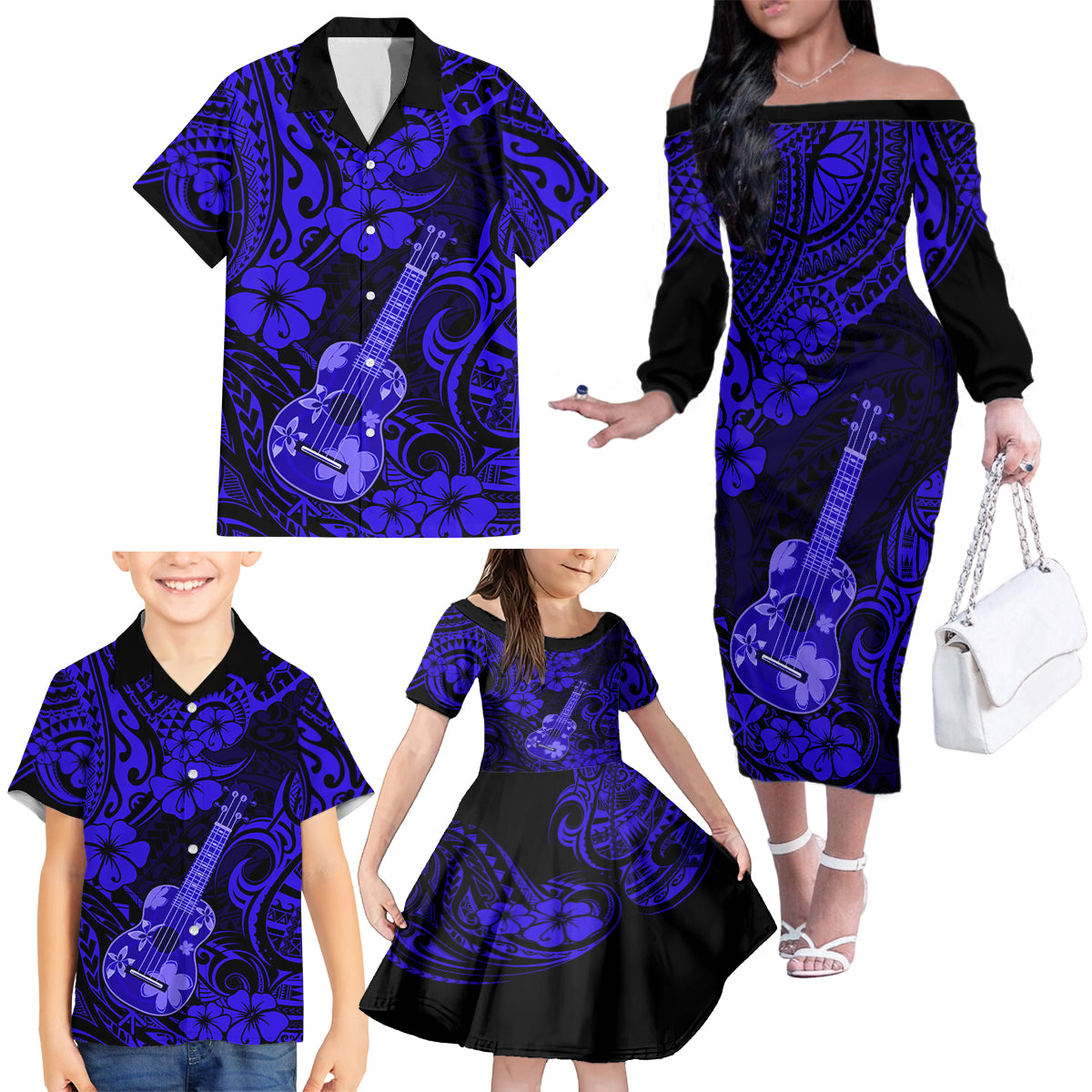 Hawaii Ukulele Family Matching Off Shoulder Long Sleeve Dress and Hawaiian Shirt Polynesian Pattern Navy Blue Version - Wonder Print Shop