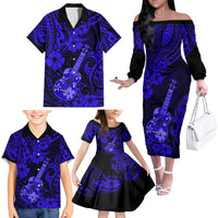 Hawaii Ukulele Family Matching Off Shoulder Long Sleeve Dress and Hawaiian Shirt Polynesian Pattern Navy Blue Version - Wonder Print Shop