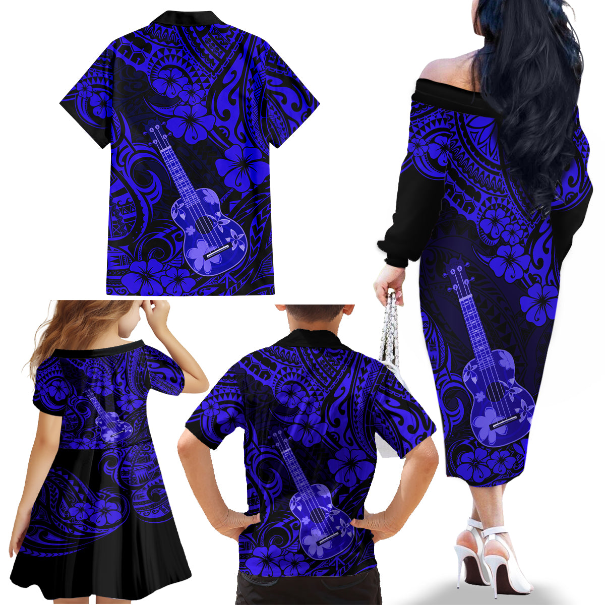 Hawaii Ukulele Family Matching Off Shoulder Long Sleeve Dress and Hawaiian Shirt Polynesian Pattern Navy Blue Version - Wonder Print Shop