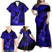 Hawaii Ukulele Family Matching Off Shoulder Maxi Dress and Hawaiian Shirt Polynesian Pattern Navy Blue Version - Wonder Print Shop