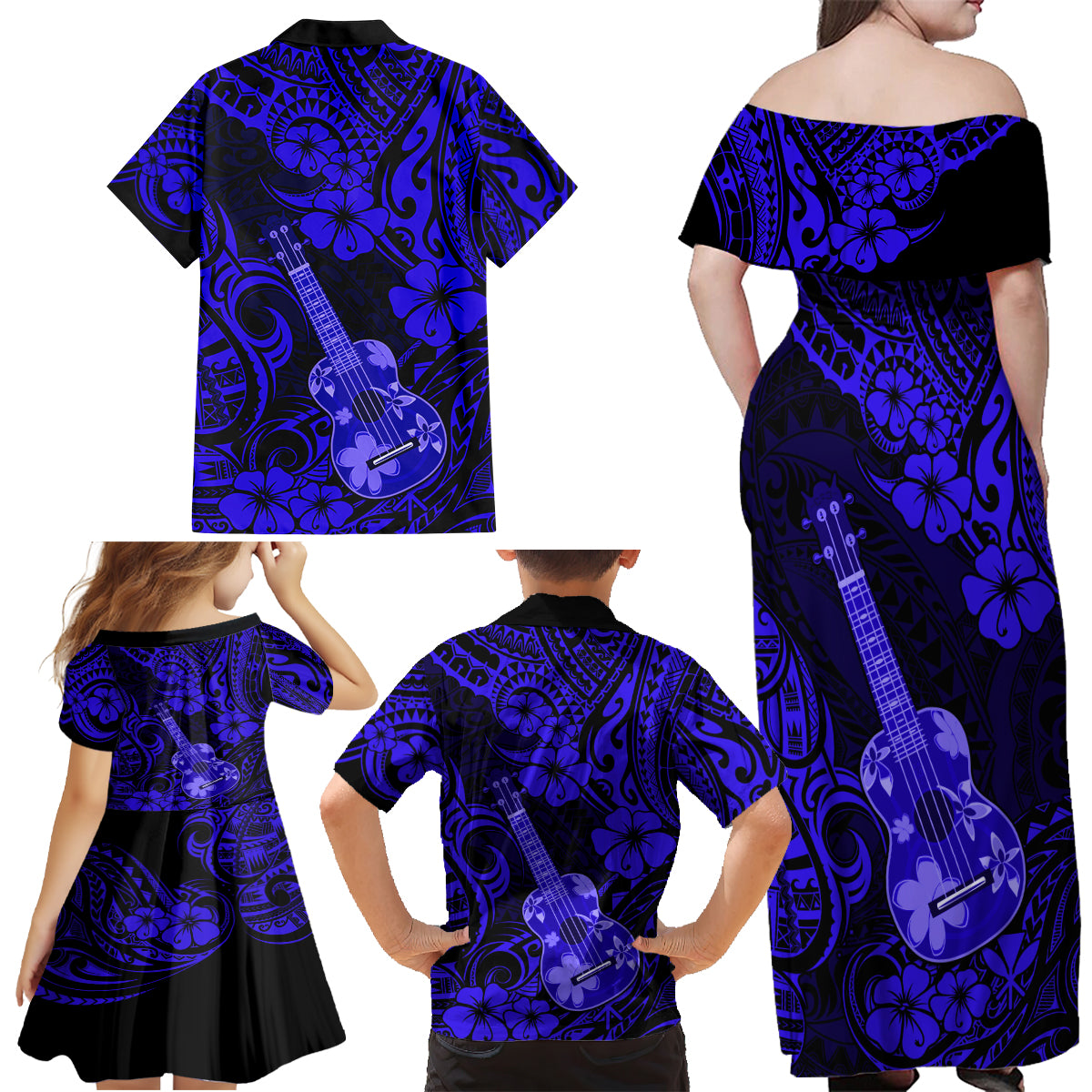 Hawaii Ukulele Family Matching Off Shoulder Maxi Dress and Hawaiian Shirt Polynesian Pattern Navy Blue Version - Wonder Print Shop