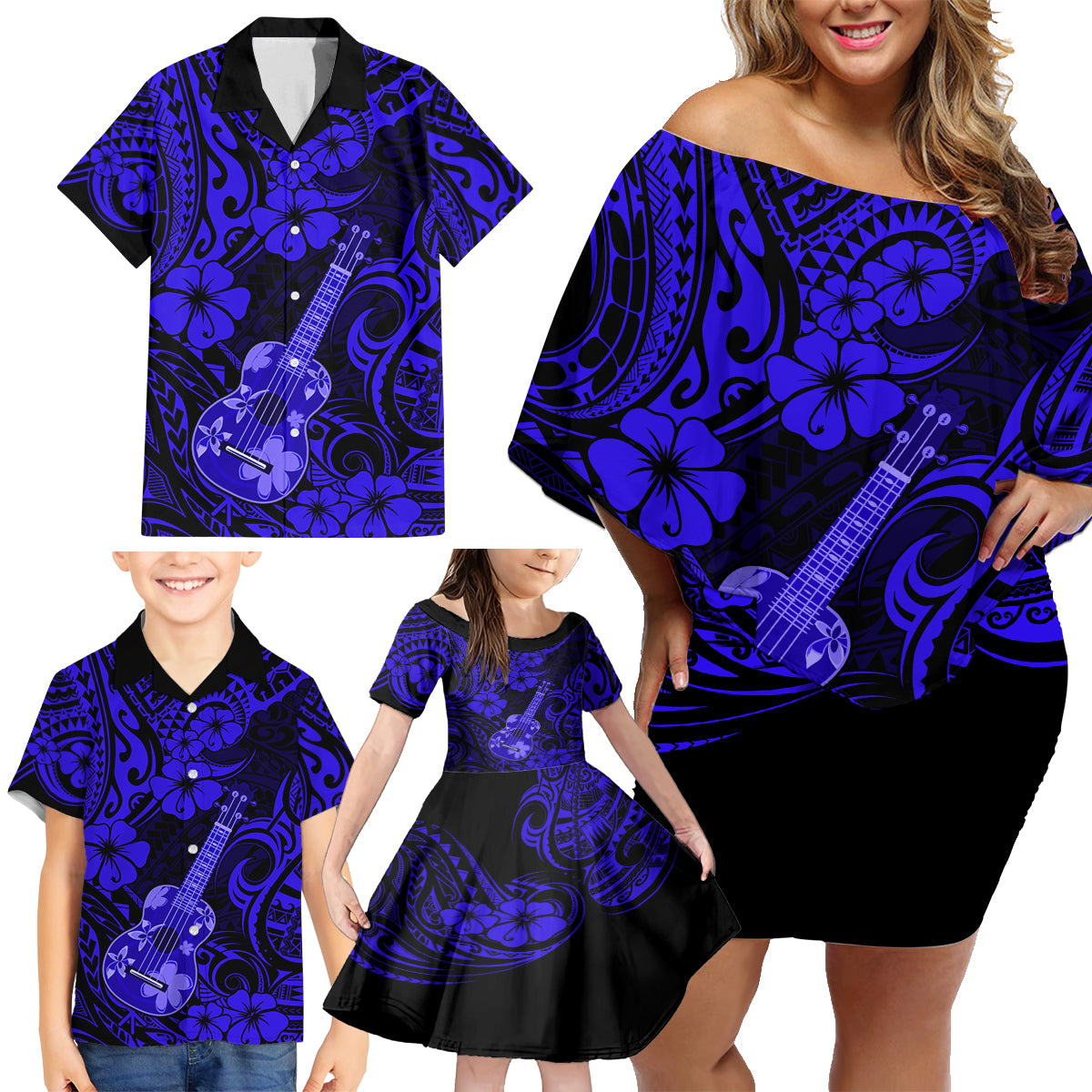 Hawaii Ukulele Family Matching Off Shoulder Short Dress and Hawaiian Shirt Polynesian Pattern Navy Blue Version - Wonder Print Shop
