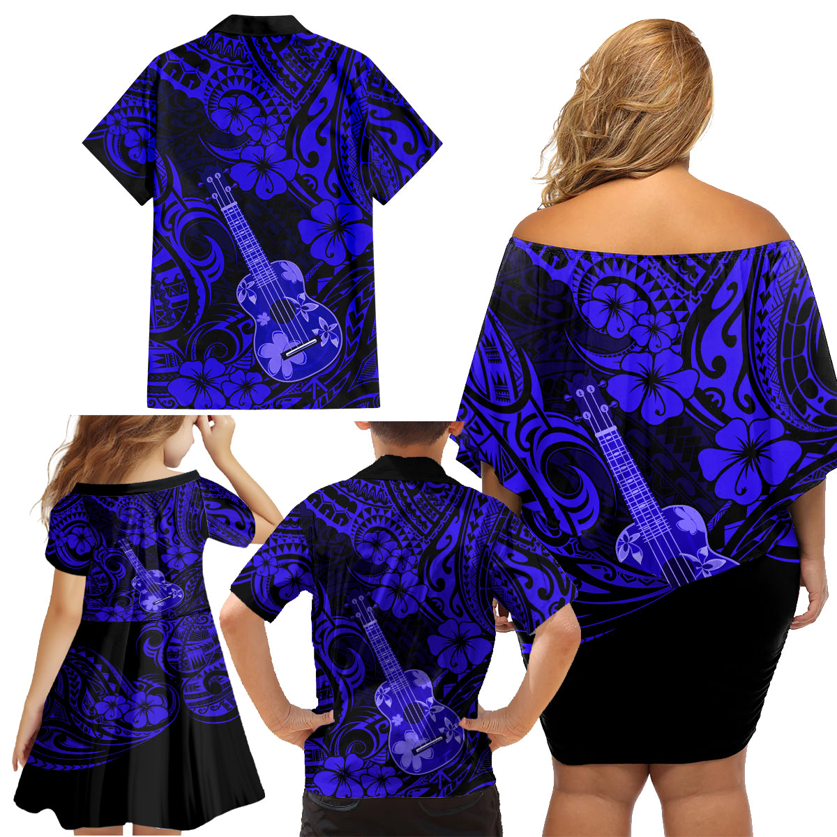 Hawaii Ukulele Family Matching Off Shoulder Short Dress and Hawaiian Shirt Polynesian Pattern Navy Blue Version - Wonder Print Shop