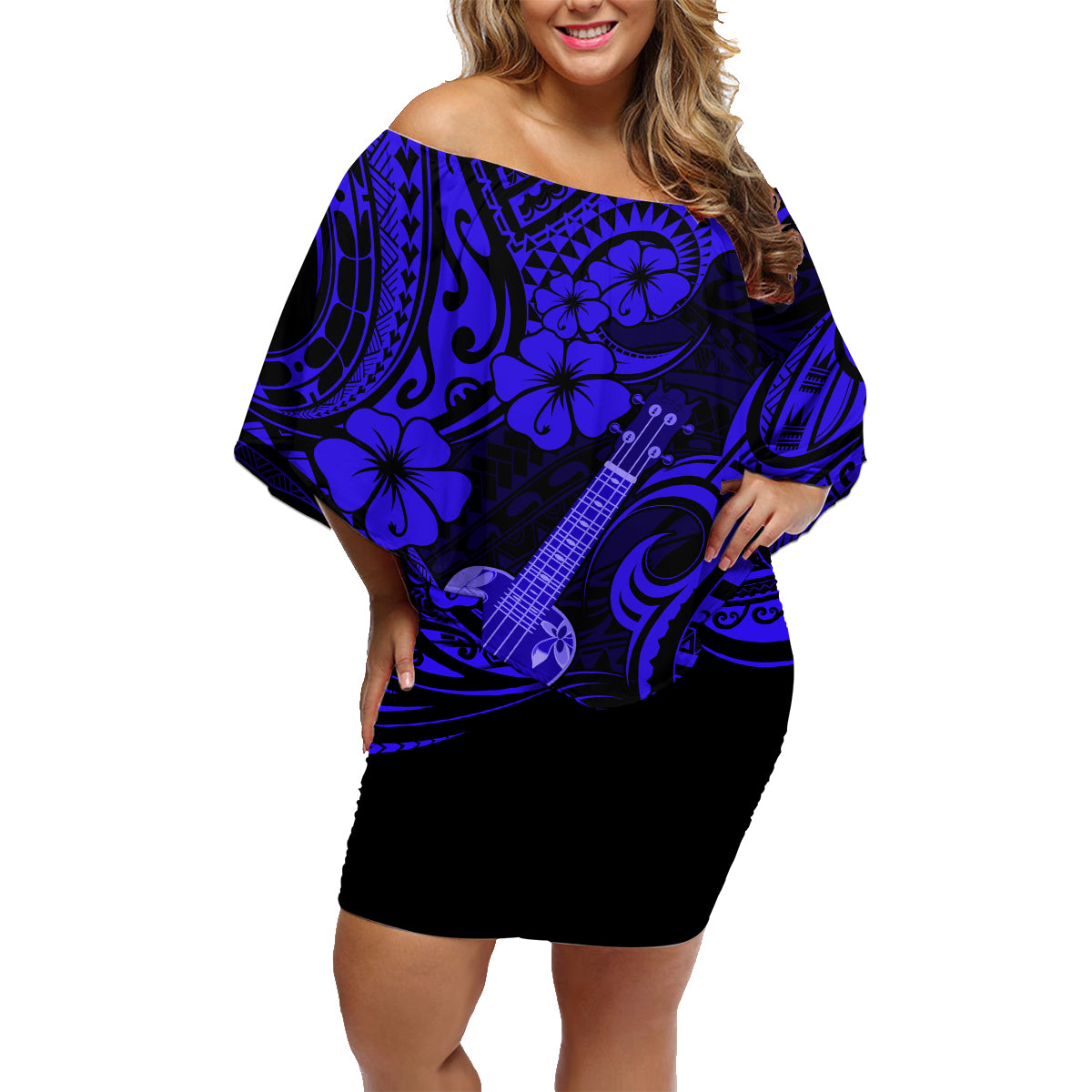 Hawaii Ukulele Family Matching Off Shoulder Short Dress and Hawaiian Shirt Polynesian Pattern Navy Blue Version - Wonder Print Shop