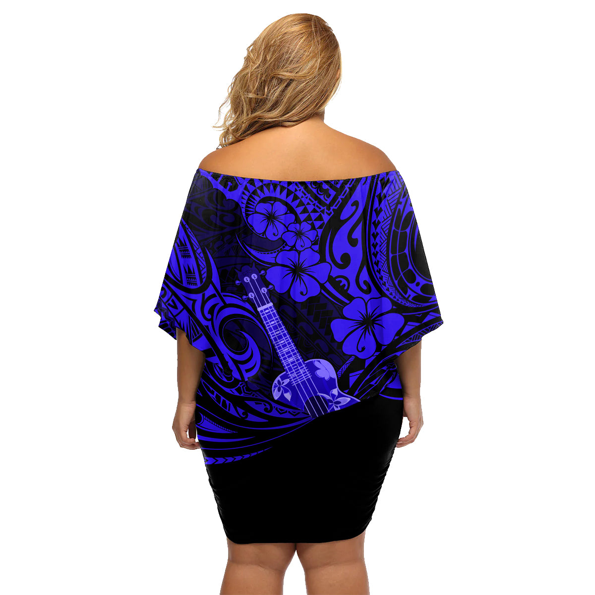 Hawaii Ukulele Family Matching Off Shoulder Short Dress and Hawaiian Shirt Polynesian Pattern Navy Blue Version - Wonder Print Shop