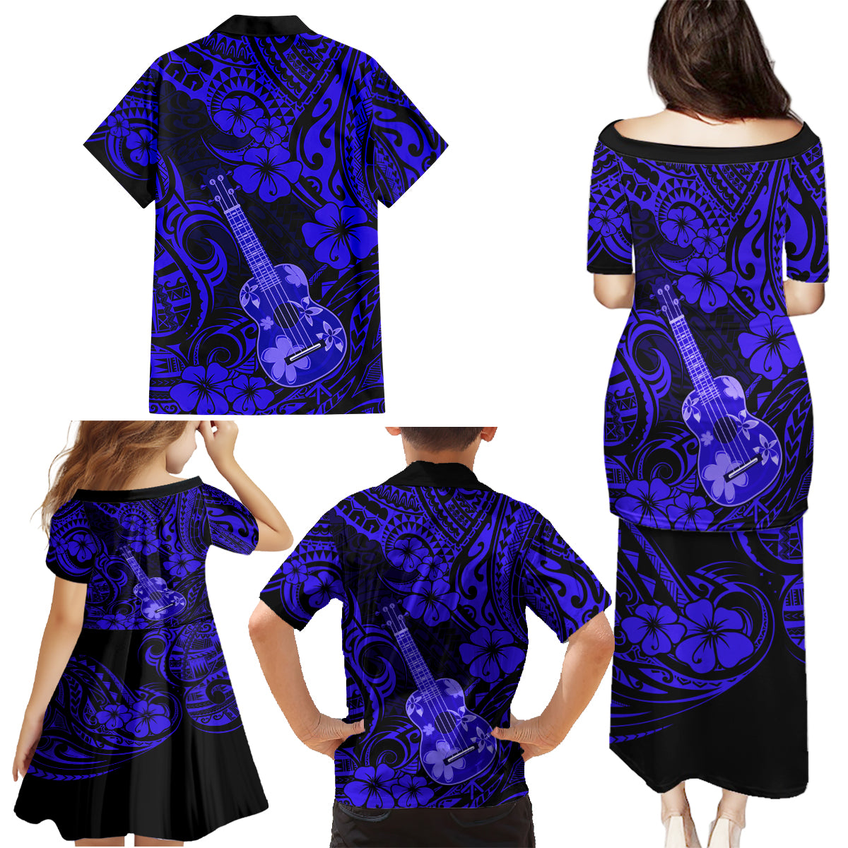 Hawaii Ukulele Family Matching Puletasi Dress and Hawaiian Shirt Polynesian Pattern Navy Blue Version - Wonder Print Shop