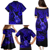 Hawaii Ukulele Family Matching Puletasi Dress and Hawaiian Shirt Polynesian Pattern Navy Blue Version - Wonder Print Shop