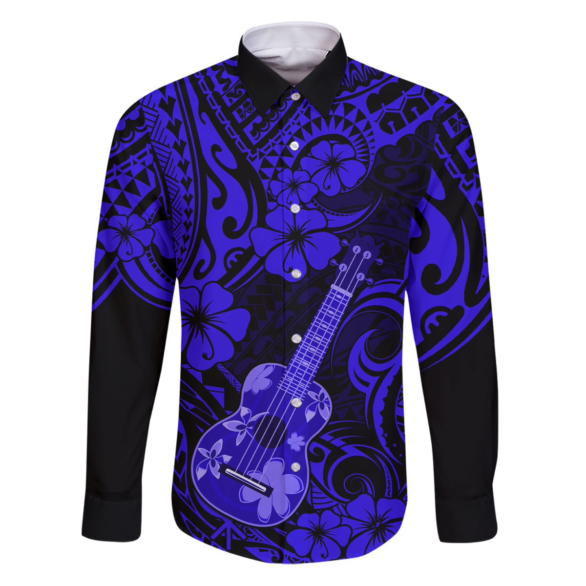 Hawaii Ukulele Family Matching Puletasi Dress and Hawaiian Shirt Polynesian Pattern Navy Blue Version - Wonder Print Shop