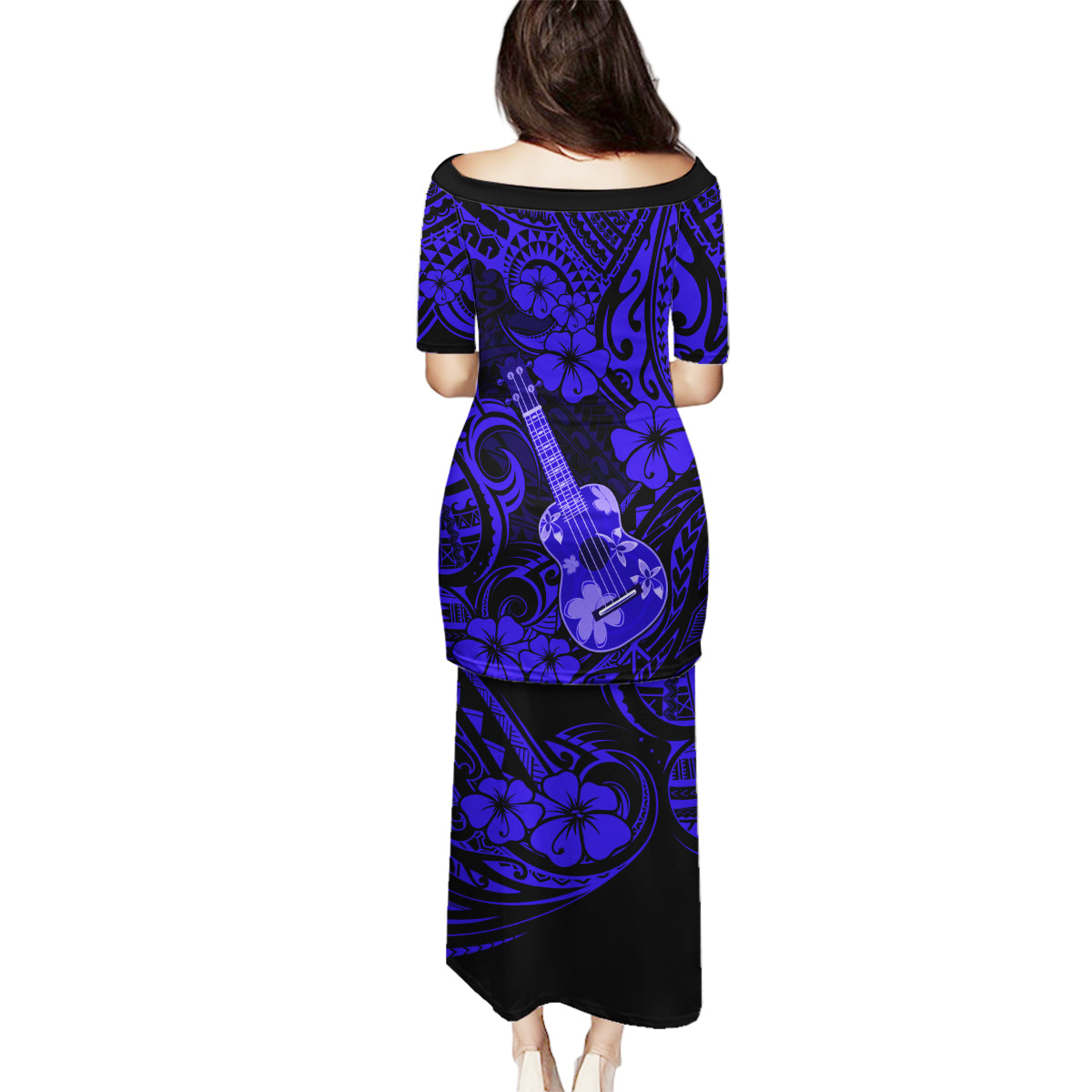 Hawaii Ukulele Family Matching Puletasi Dress and Hawaiian Shirt Polynesian Pattern Navy Blue Version - Wonder Print Shop