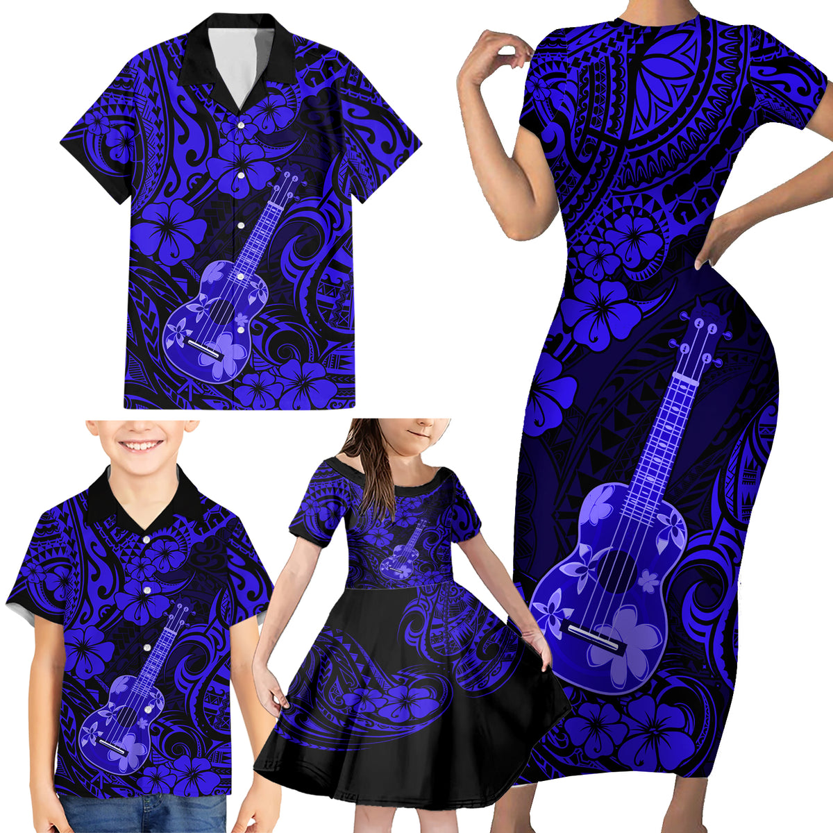 Hawaii Ukulele Family Matching Short Sleeve Bodycon Dress and Hawaiian Shirt Polynesian Pattern Navy Blue Version - Wonder Print Shop