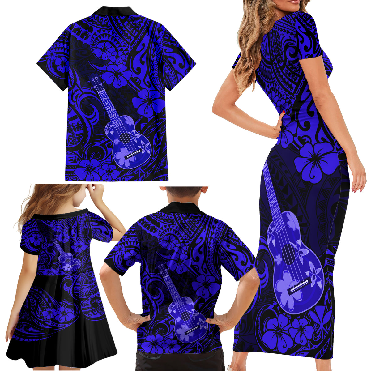 Hawaii Ukulele Family Matching Short Sleeve Bodycon Dress and Hawaiian Shirt Polynesian Pattern Navy Blue Version - Wonder Print Shop