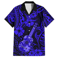 Hawaii Ukulele Family Matching Short Sleeve Bodycon Dress and Hawaiian Shirt Polynesian Pattern Navy Blue Version - Wonder Print Shop