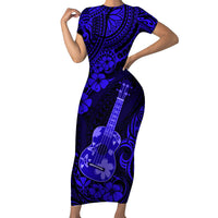 Hawaii Ukulele Family Matching Short Sleeve Bodycon Dress and Hawaiian Shirt Polynesian Pattern Navy Blue Version - Wonder Print Shop