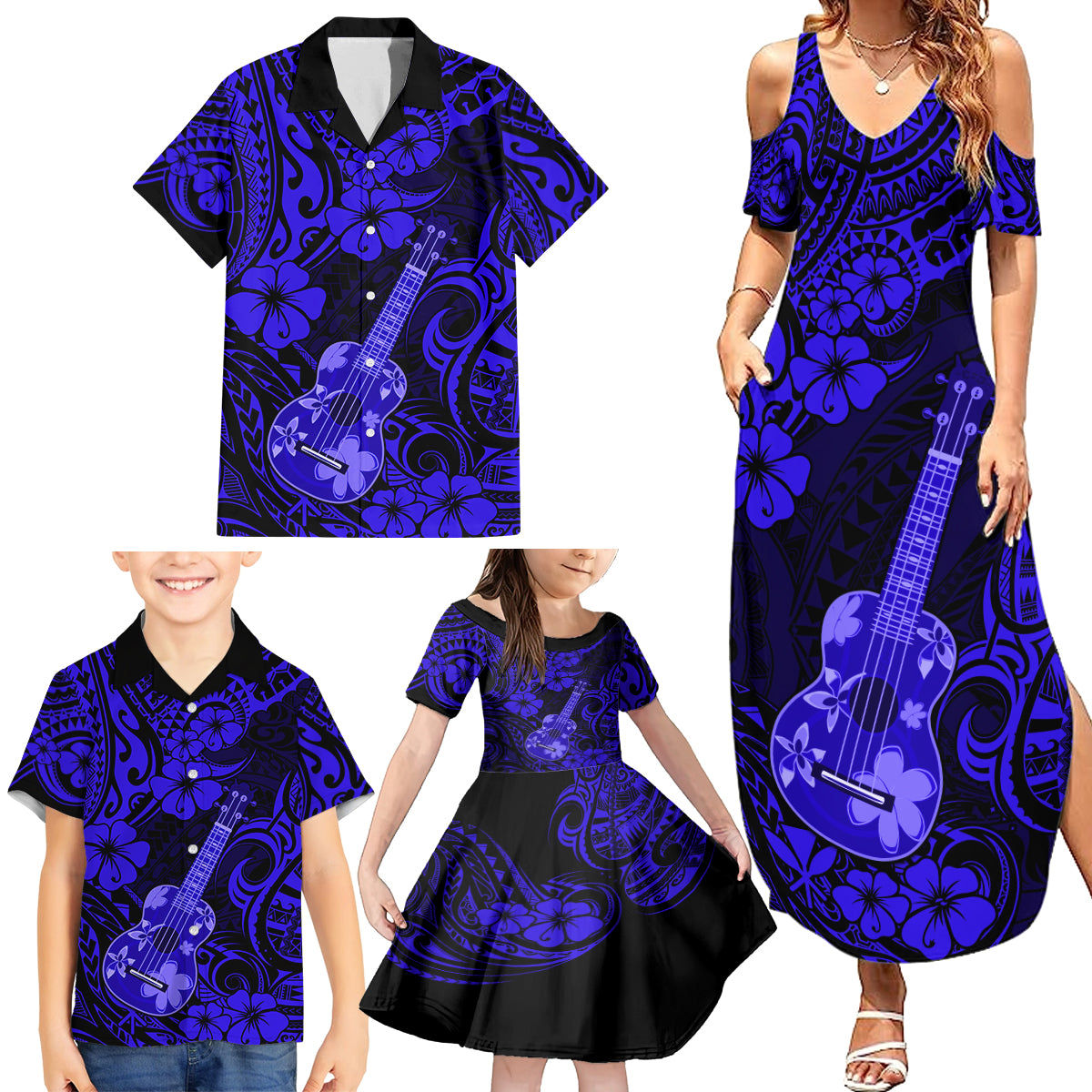 Hawaii Ukulele Family Matching Summer Maxi Dress and Hawaiian Shirt Polynesian Pattern Navy Blue Version - Wonder Print Shop