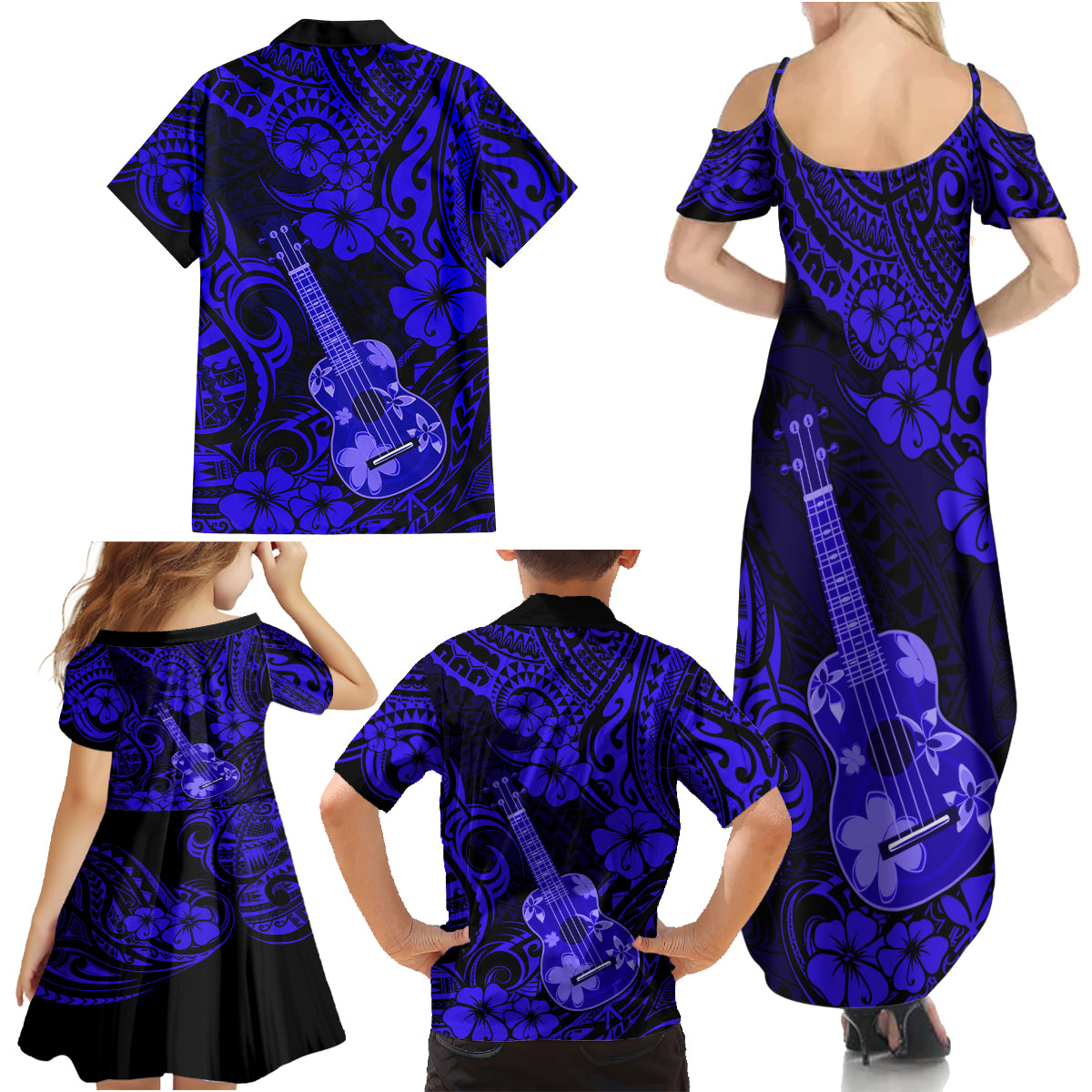 Hawaii Ukulele Family Matching Summer Maxi Dress and Hawaiian Shirt Polynesian Pattern Navy Blue Version - Wonder Print Shop