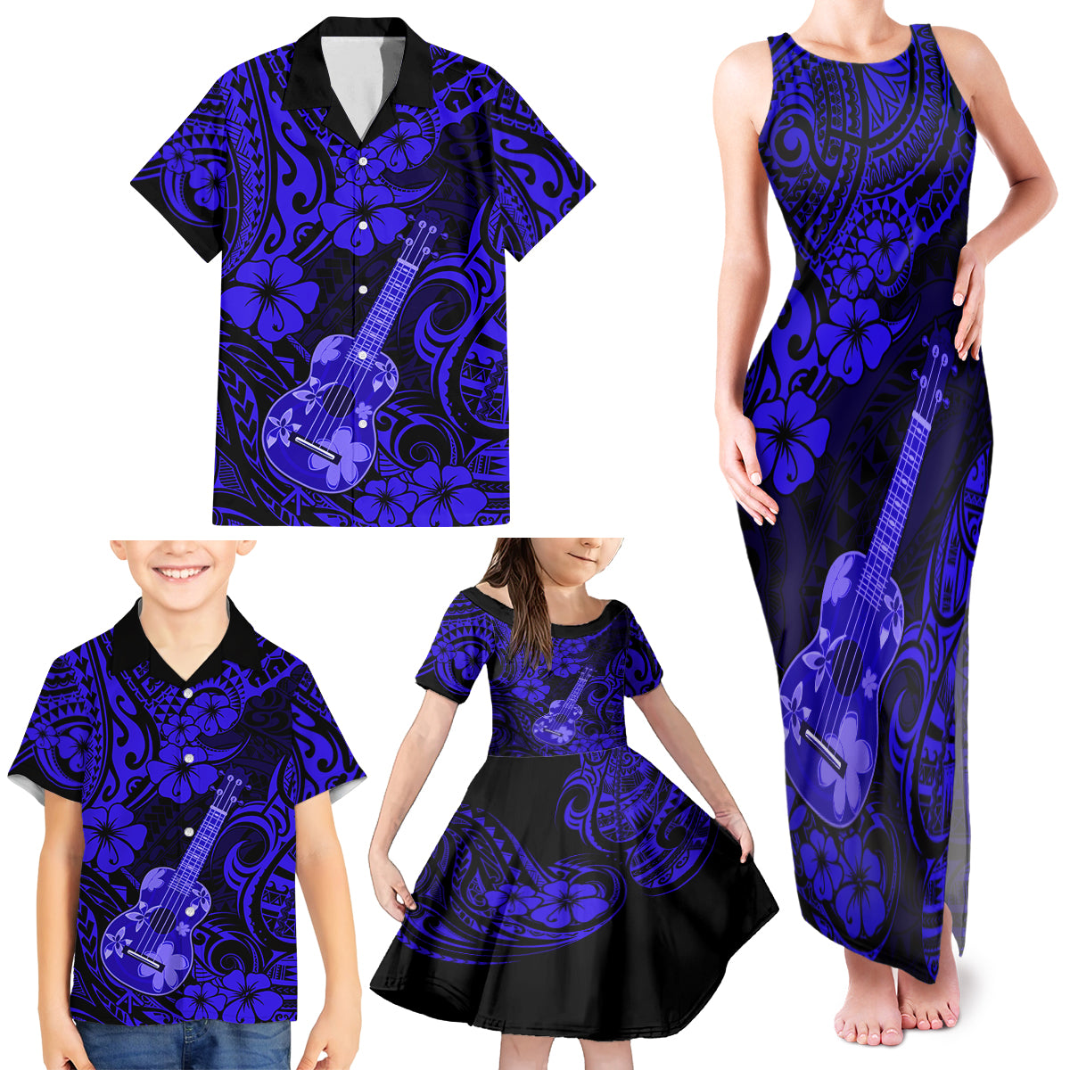 Hawaii Ukulele Family Matching Tank Maxi Dress and Hawaiian Shirt Polynesian Pattern Navy Blue Version - Wonder Print Shop