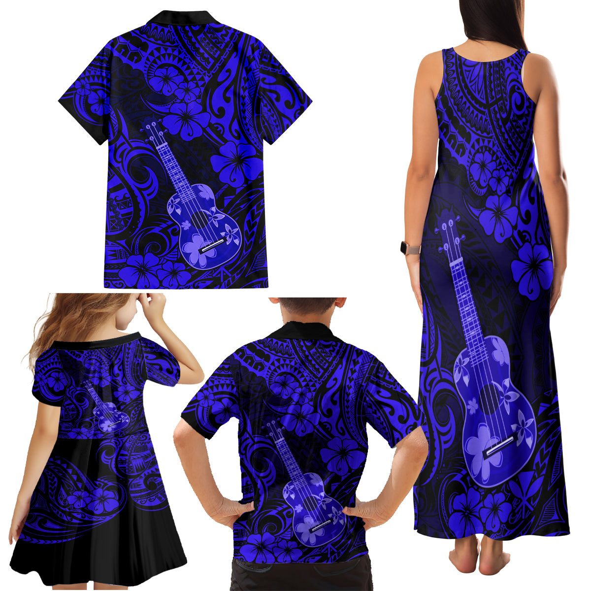 Hawaii Ukulele Family Matching Tank Maxi Dress and Hawaiian Shirt Polynesian Pattern Navy Blue Version - Wonder Print Shop
