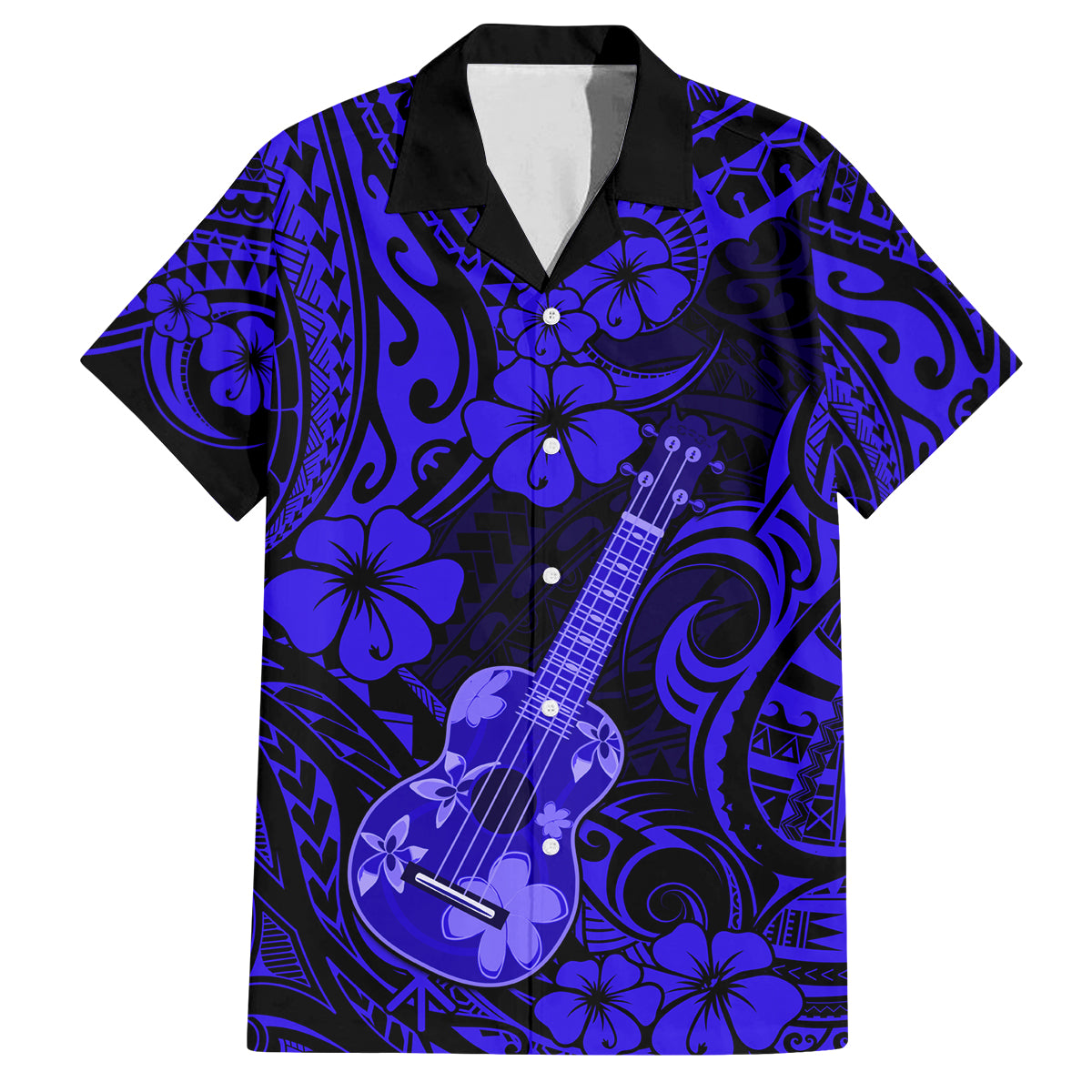 Hawaii Ukulele Family Matching Tank Maxi Dress and Hawaiian Shirt Polynesian Pattern Navy Blue Version - Wonder Print Shop