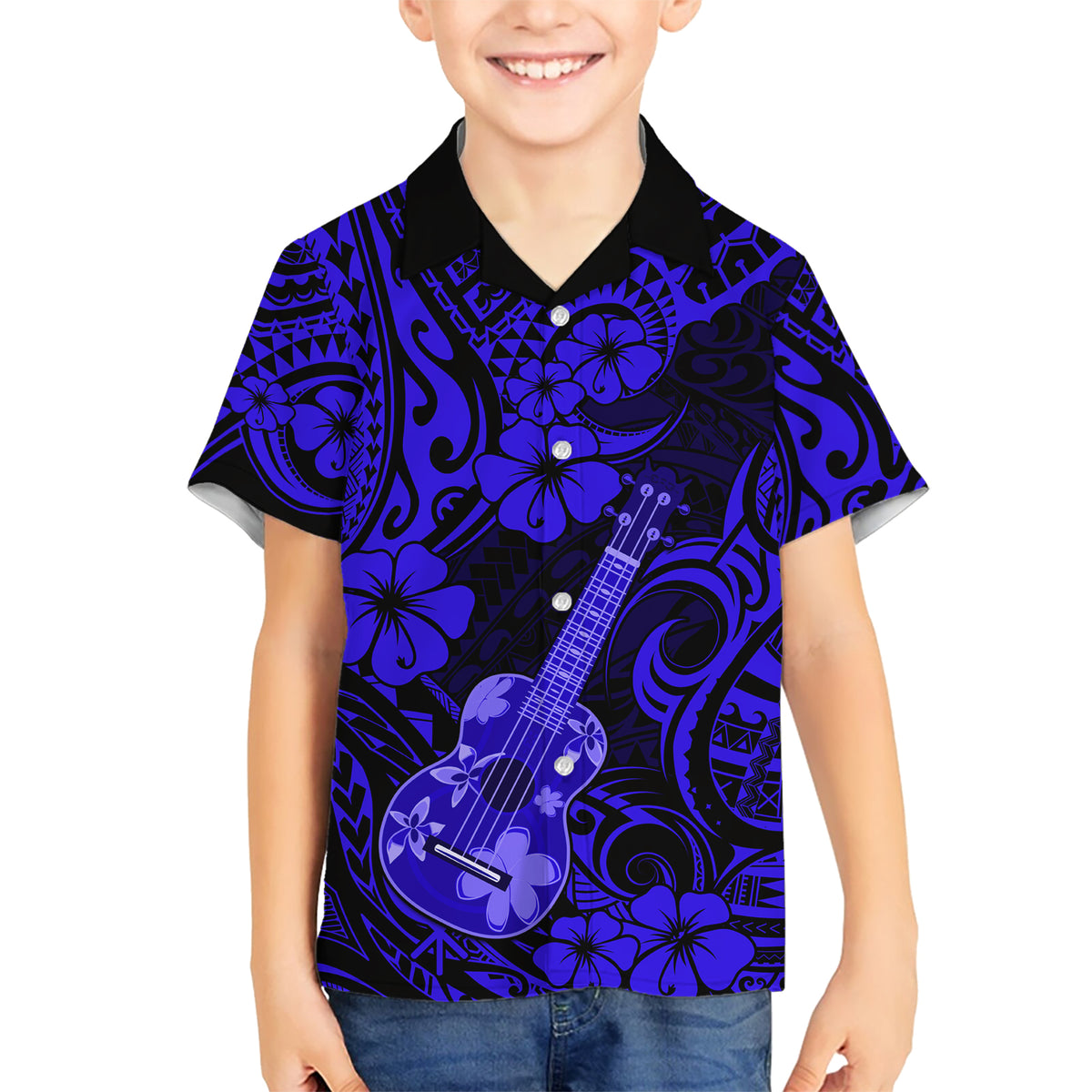 Hawaii Ukulele Kid Hawaiian Shirt Polynesian Pattern Navy Blue Version - Wonder Print Shop