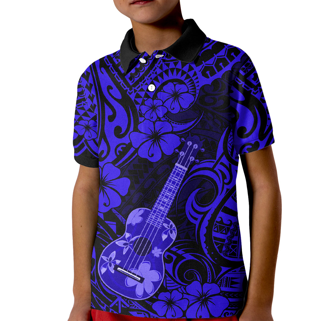Hawaii Ukulele Kid Polo Shirt Polynesian Pattern Navy Blue Version - Wonder Print Shop