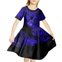 Hawaii Ukulele Kid Short Sleeve Dress Polynesian Pattern Navy Blue Version - Wonder Print Shop