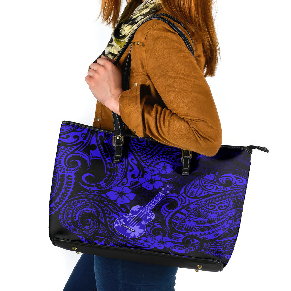 Hawaii Ukulele Leather Tote Bag Polynesian Pattern Navy Blue Version - Wonder Print Shop