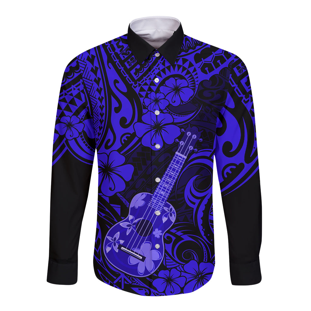 Hawaii Ukulele Long Sleeve Button Shirt Polynesian Pattern Navy Blue Version - Wonder Print Shop
