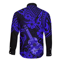 Hawaii Ukulele Long Sleeve Button Shirt Polynesian Pattern Navy Blue Version - Wonder Print Shop