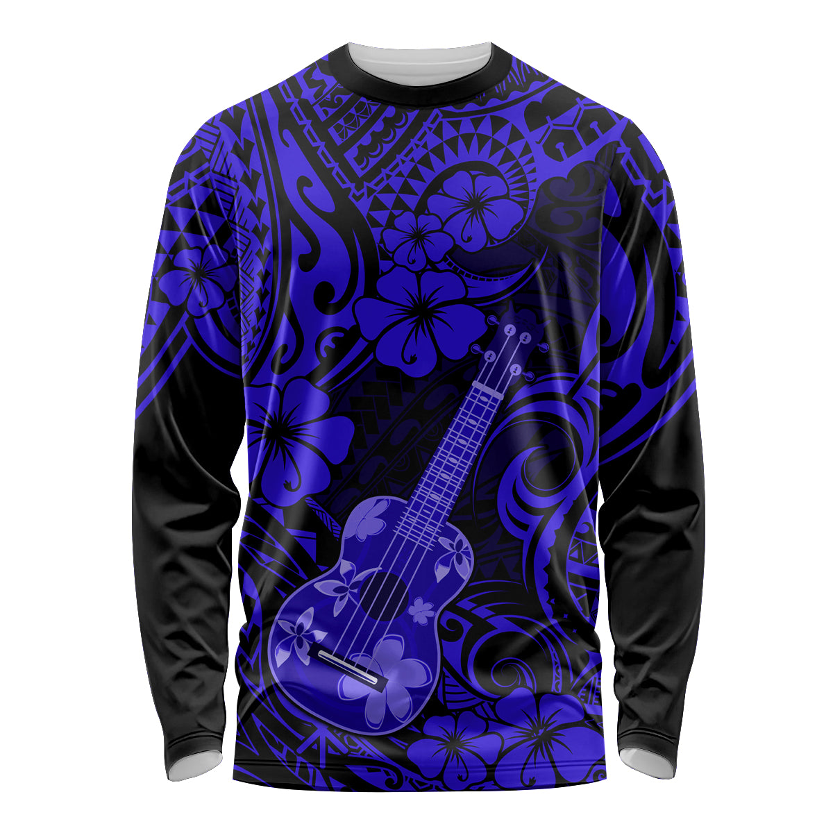 Hawaii Ukulele Long Sleeve Shirt Polynesian Pattern Navy Blue Version - Wonder Print Shop