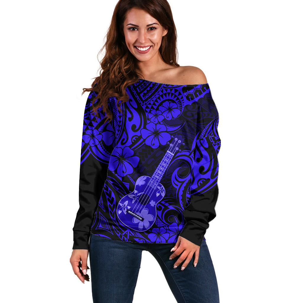 Hawaii Ukulele Off Shoulder Sweater Polynesian Pattern Navy Blue Version - Wonder Print Shop