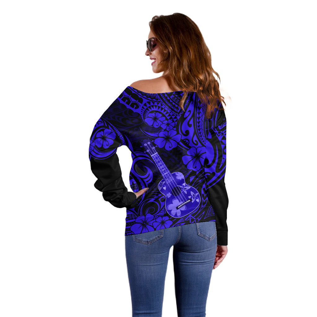 Hawaii Ukulele Off Shoulder Sweater Polynesian Pattern Navy Blue Version - Wonder Print Shop