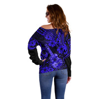 Hawaii Ukulele Off Shoulder Sweater Polynesian Pattern Navy Blue Version - Wonder Print Shop