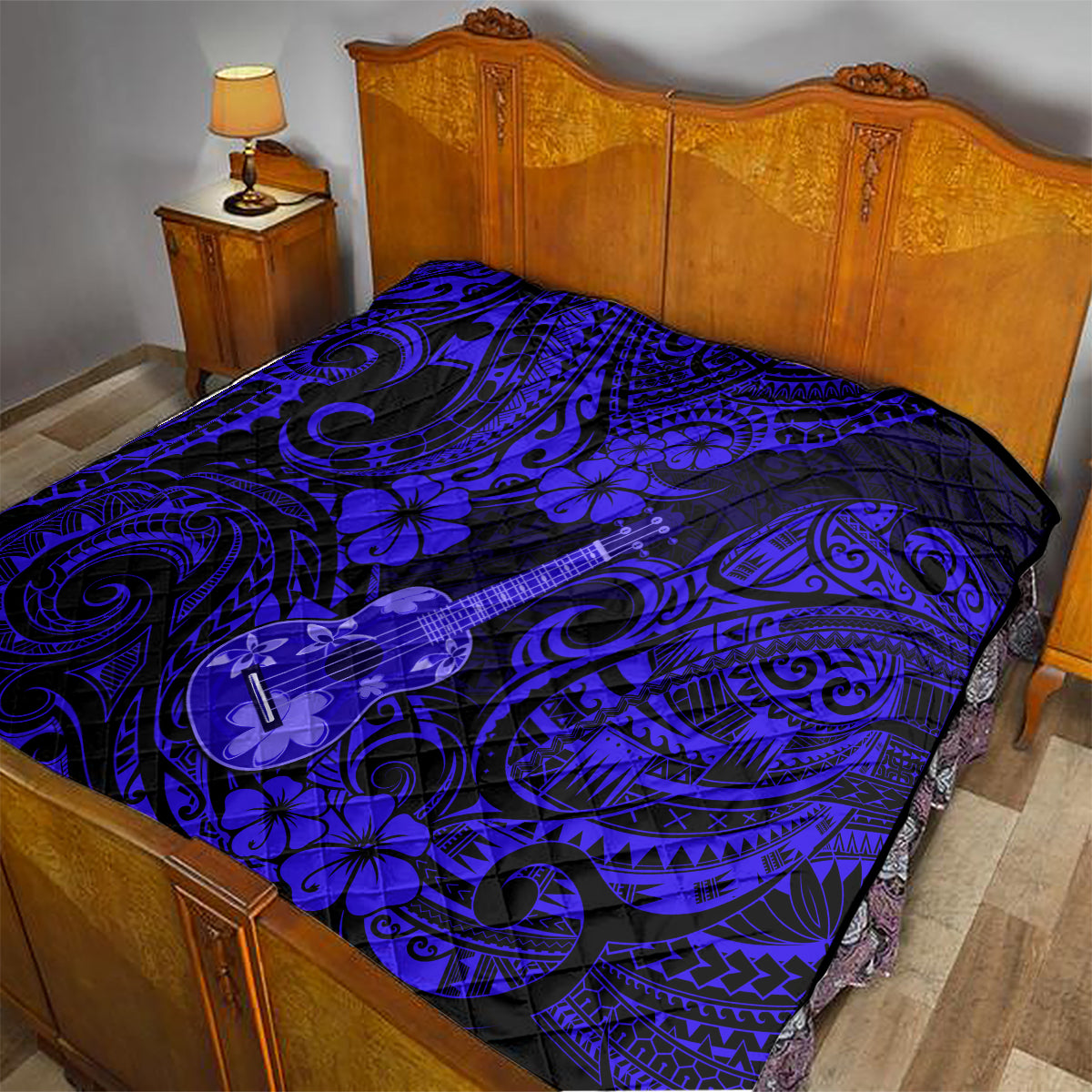 Hawaii Ukulele Quilt Polynesian Pattern Navy Blue Version - Wonder Print Shop