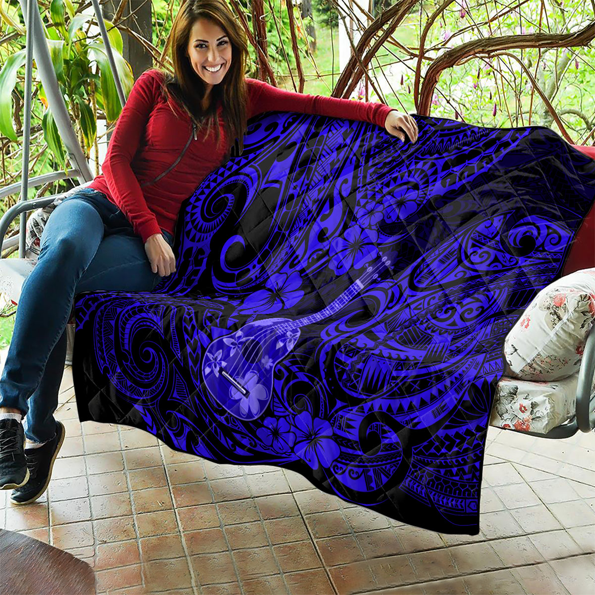 Hawaii Ukulele Quilt Polynesian Pattern Navy Blue Version - Wonder Print Shop