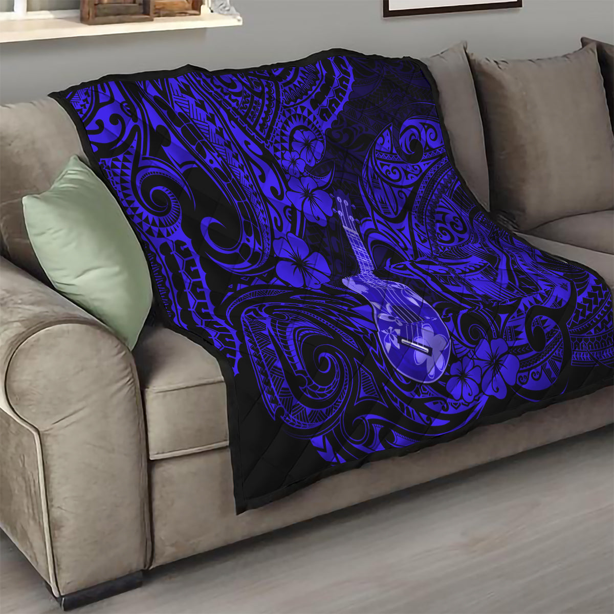 Hawaii Ukulele Quilt Polynesian Pattern Navy Blue Version - Wonder Print Shop