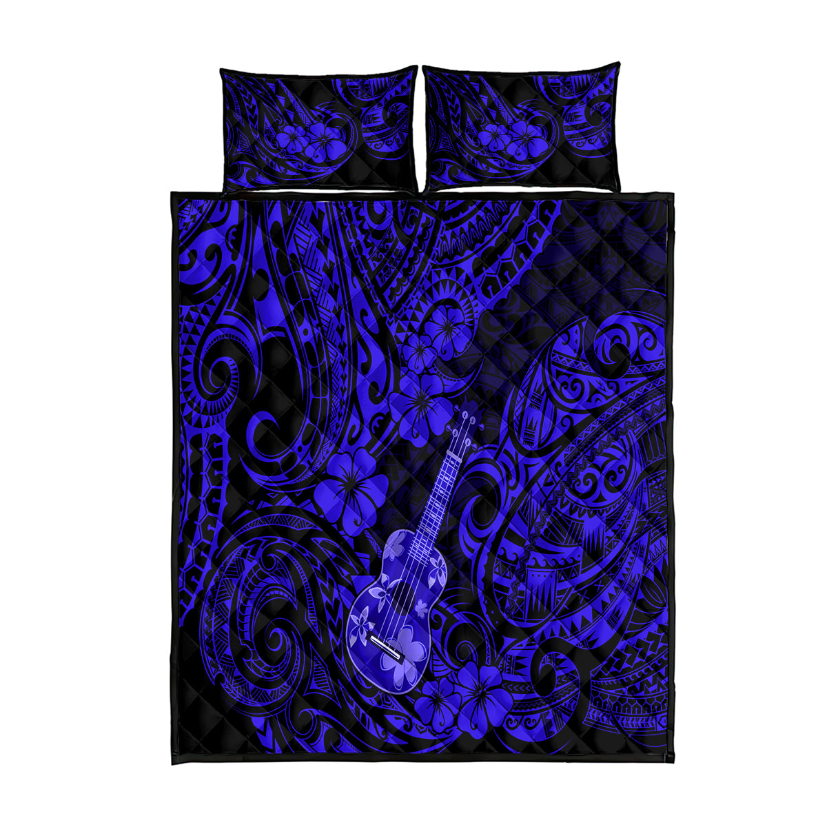 Hawaii Ukulele Quilt Bed Set Polynesian Pattern Navy Blue Version - Wonder Print Shop