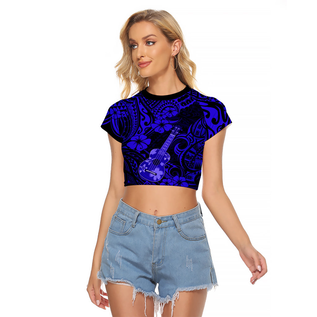 Hawaii Ukulele Raglan Cropped T Shirt Polynesian Pattern Navy Blue Version - Wonder Print Shop