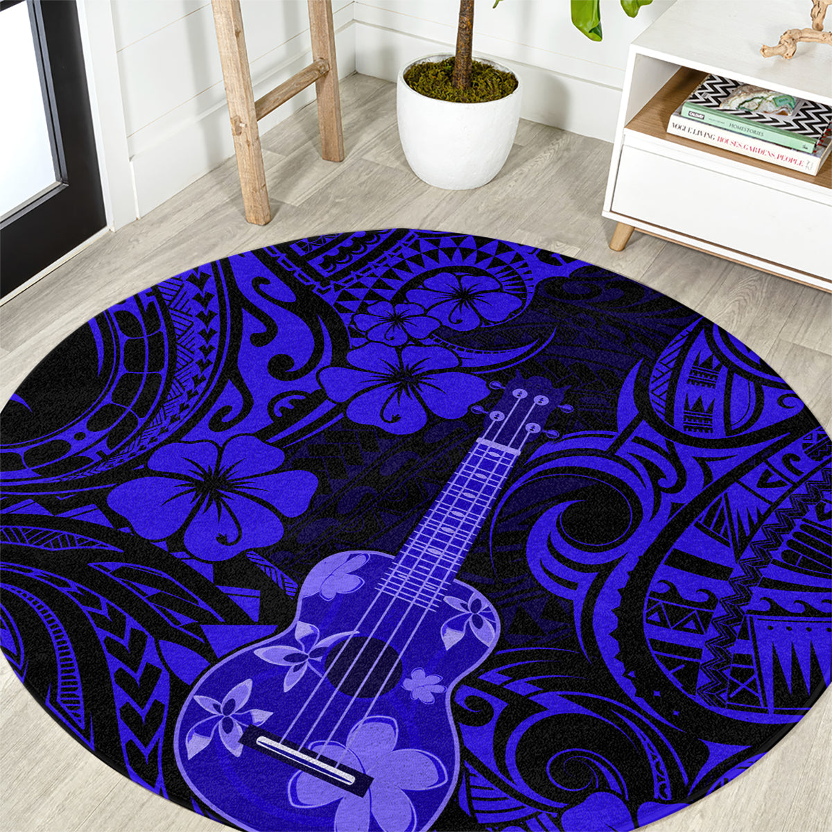 hawaii-ukulele-round-carpet-polynesian-pattern-navy-blue-version