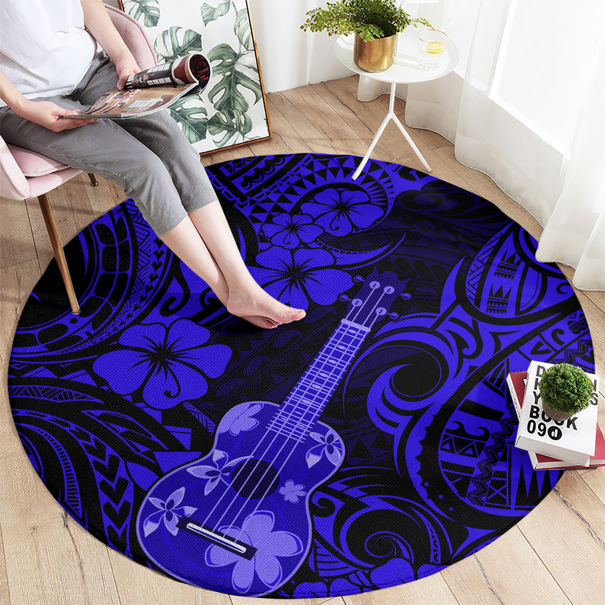 hawaii-ukulele-round-carpet-polynesian-pattern-navy-blue-version