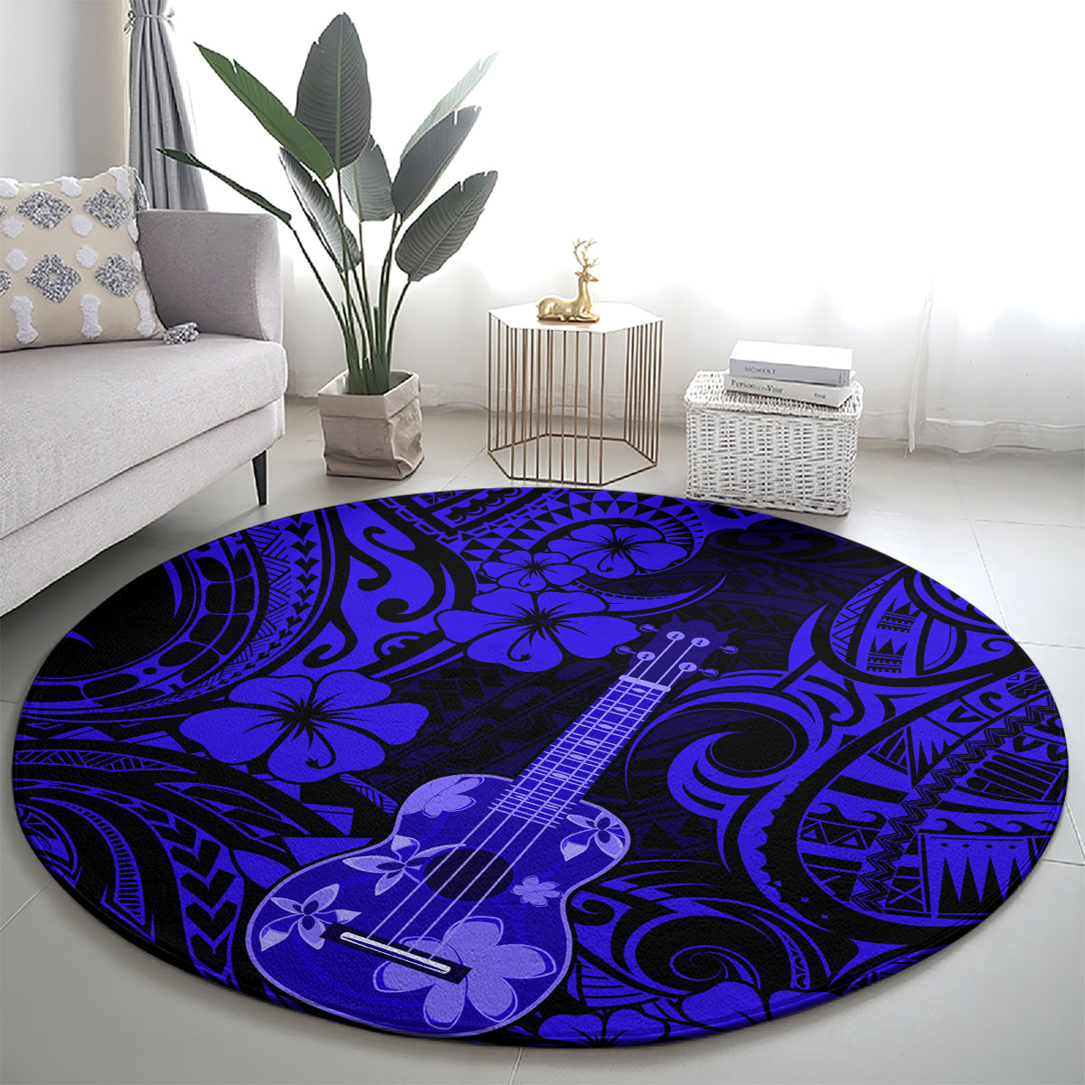 hawaii-ukulele-round-carpet-polynesian-pattern-navy-blue-version